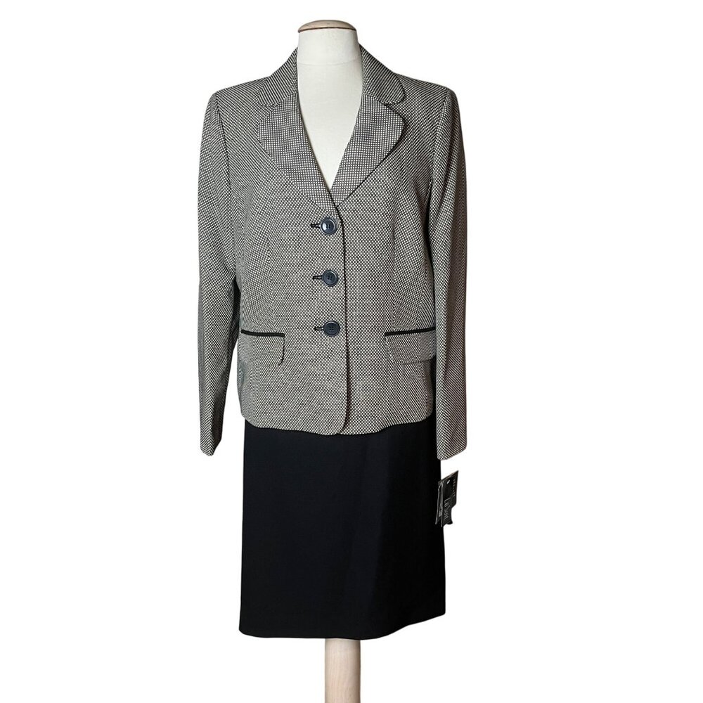 Le Suit Womens‎ Size 14 Black White Skirt Suit 2 Pc Set Office Career Classic